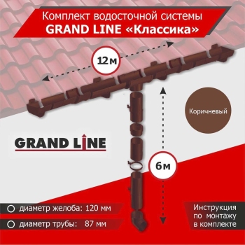 Комплект водосточной системы GrandLine для ската 12м, труба 6м, Классика Коричневый