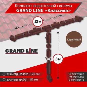 Комплект водосточной системы GrandLine для ската 13м, труба 3м, Классика Коричневый