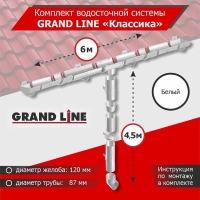 Комплект водосточной системы GrandLine для ската 6м, труба 4,5м, Классика  Белый